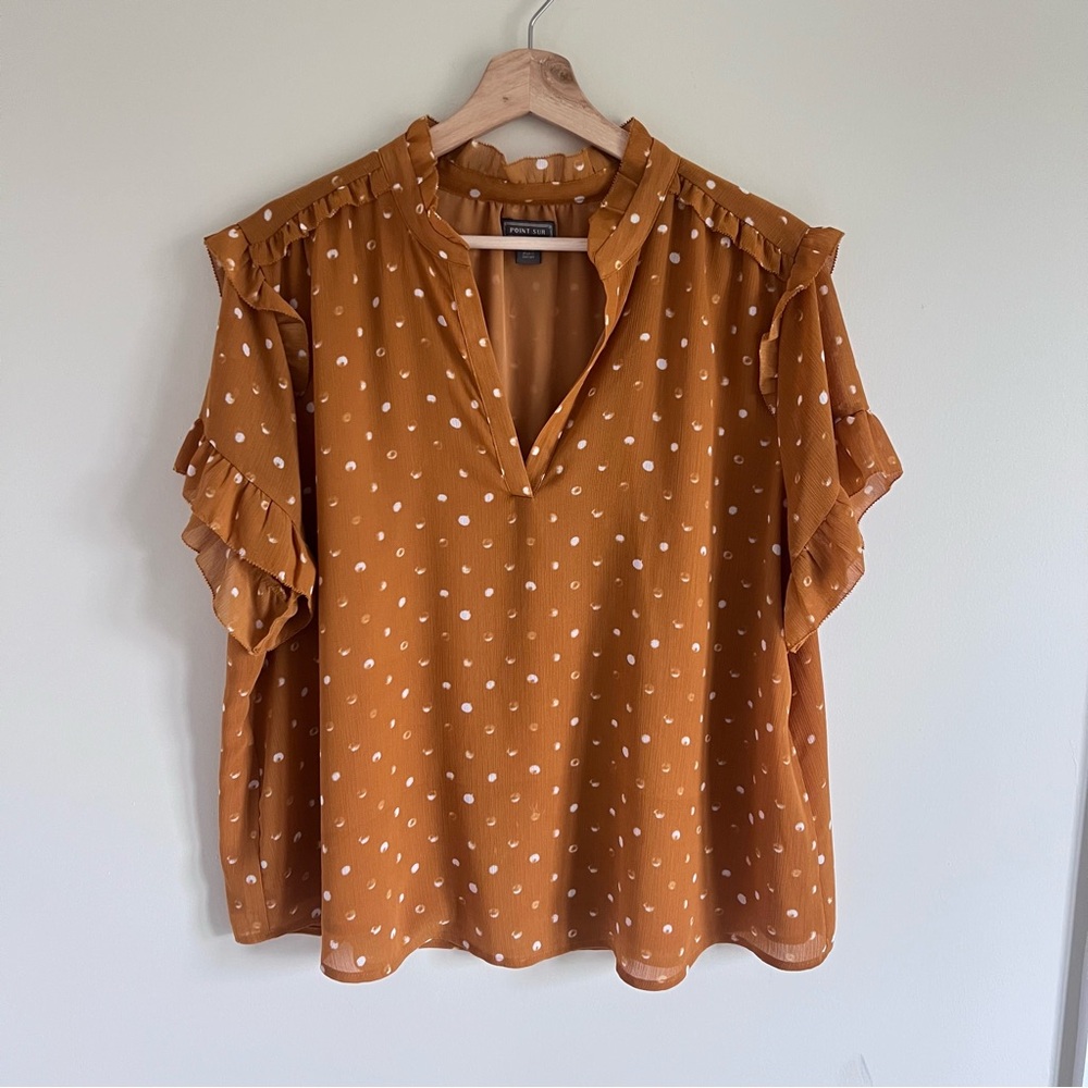 Point Sur for J. Crew Ruffle Sleeve Blouse in ochre painted dot size XXL